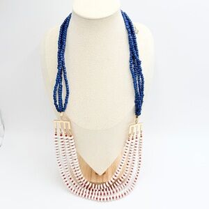 Vintage C1946 Blue & White Multi-Strand Beaded Statement Necklace Gold Tone